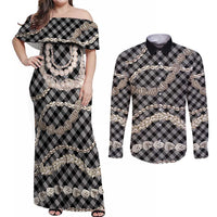 Black Aloha Hawaii Shell Lei Couples Matching Off Shoulder Maxi Dress and Long Sleeve Button Shirt Palaka Hebrew Cone Honey Cowrie Elegant Curves - Polynesian Pride