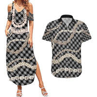 Black Aloha Hawaii Shell Lei Couples Matching Summer Maxi Dress and Hawaiian Shirt Palaka Hebrew Cone Honey Cowrie Elegant Curves - Polynesian Pride