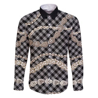 Black Aloha Hawaii Shell Lei Family Matching Off The Shoulder Long Sleeve Dress and Hawaiian Shirt Palaka Hebrew Cone Honey Cowrie Elegant Curves - Polynesian Pride