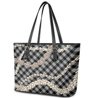 Black Aloha Hawaii Shell Lei Leather Tote Bag Palaka Hebrew Cone Honey Cowrie Elegant Curves - Polynesian Pride