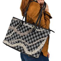 Black Aloha Hawaii Shell Lei Leather Tote Bag Palaka Hebrew Cone Honey Cowrie Elegant Curves - Polynesian Pride