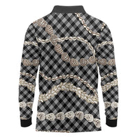 Black Aloha Hawaii Shell Lei Long Sleeve Polo Shirt Palaka Hebrew Cone Honey Cowrie Elegant Curves - Polynesian Pride