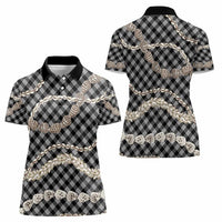 Black Aloha Hawaii Shell Lei Women Polo Shirt Palaka Hebrew Cone Honey Cowrie Elegant Curves - Polynesian Pride
