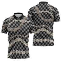 Black Aloha Hawaii Shell Lei Zipper Polo Shirt Palaka Hebrew Cone Honey Cowrie Elegant Curves - Polynesian Pride