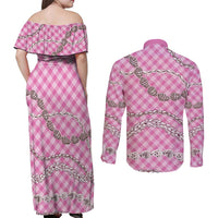 Pink Aloha Hawaii Shell Lei Couples Matching Off Shoulder Maxi Dress and Long Sleeve Button Shirt Palaka Hebrew Cone Honey Cowrie Elegant Curves - Polynesian Pride