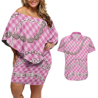 Pink Aloha Hawaii Shell Lei Couples Matching Off Shoulder Short Dress and Hawaiian Shirt Palaka Hebrew Cone Honey Cowrie Elegant Curves - Polynesian Pride