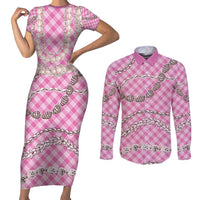 Pink Aloha Hawaii Shell Lei Couples Matching Short Sleeve Bodycon Dress and Long Sleeve Button Shirt Palaka Hebrew Cone Honey Cowrie Elegant Curves - Polynesian Pride