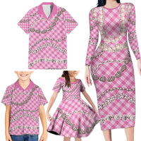 Pink Aloha Hawaii Shell Lei Family Matching Long Sleeve Bodycon Dress and Hawaiian Shirt Palaka Hebrew Cone Honey Cowrie Elegant Curves - Polynesian Pride