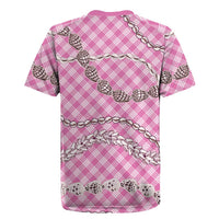 Pink Aloha Hawaii Shell Lei Rugby Jersey Palaka Hebrew Cone Honey Cowrie Elegant Curves - Polynesian Pride