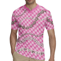 Pink Aloha Hawaii Shell Lei Rugby Jersey Palaka Hebrew Cone Honey Cowrie Elegant Curves - Polynesian Pride