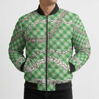 Green Aloha Hawaii Shell Lei Bomber Puffer Jacket Palaka Hebrew Cone Honey Cowrie Elegant Curves LT14 - Polynesian Pride