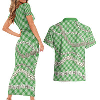 Green Aloha Hawaii Shell Lei Couples Matching Short Sleeve Bodycon Dress and Hawaiian Shirt Palaka Hebrew Cone Honey Cowrie Elegant Curves - Polynesian Pride