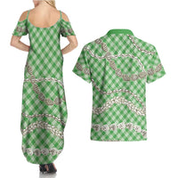 Green Aloha Hawaii Shell Lei Couples Matching Summer Maxi Dress and Hawaiian Shirt Palaka Hebrew Cone Honey Cowrie Elegant Curves LT14 - Polynesian Pride