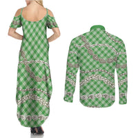 Green Aloha Hawaii Shell Lei Couples Matching Summer Maxi Dress and Long Sleeve Button Shirt Palaka Hebrew Cone Honey Cowrie Elegant Curves - Polynesian Pride
