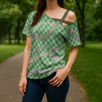 Green Aloha Hawaii Shell Lei Cross Shoulder Shirt Palaka Hebrew Cone Honey Cowrie Elegant Curves - Polynesian Pride