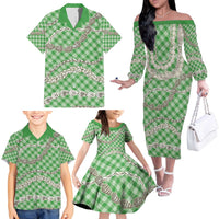 Green Aloha Hawaii Shell Lei Family Matching Off The Shoulder Long Sleeve Dress and Hawaiian Shirt Palaka Hebrew Cone Honey Cowrie Elegant Curves - Polynesian Pride