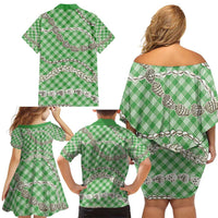 Green Aloha Hawaii Shell Lei Family Matching Off Shoulder Short Dress and Hawaiian Shirt Palaka Hebrew Cone Honey Cowrie Elegant Curves - Polynesian Pride