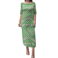 Green Aloha Hawaii Shell Lei Family Matching Puletasi and Hawaiian Shirt Palaka Hebrew Cone Honey Cowrie Elegant Curves - Polynesian Pride