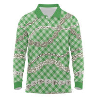 Green Aloha Hawaii Shell Lei Long Sleeve Polo Shirt Palaka Hebrew Cone Honey Cowrie Elegant Curves - Polynesian Pride