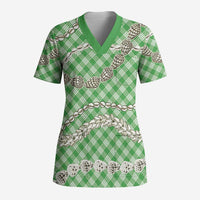 Green Aloha Hawaii Shell Lei Scrub Top Palaka Hebrew Cone Honey Cowrie Elegant Curves LT14 Adult Green - Polynesian Pride