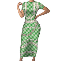 Green Aloha Hawaii Shell Lei Short Sleeve Bodycon Dress Palaka Hebrew Cone Honey Cowrie Elegant Curves - Polynesian Pride