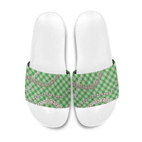 Green Aloha Hawaii Shell Lei Slide Sandals Palaka Hebrew Cone Honey Cowrie Elegant Curves LT14 Green - Polynesian Pride