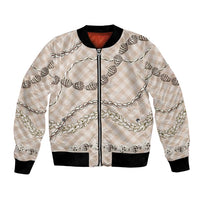 Beige Aloha Hawaii Shell Lei Bomber Jacket Palaka Hebrew Cone Honey Cowrie Elegant Curves LT14 Unisex Beige - Polynesian Pride
