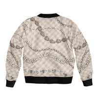 Beige Aloha Hawaii Shell Lei Bomber Jacket Palaka Hebrew Cone Honey Cowrie Elegant Curves LT14 - Polynesian Pride