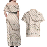 Beige Aloha Hawaii Shell Lei Couples Matching Off Shoulder Maxi Dress and Hawaiian Shirt Palaka Hebrew Cone Honey Cowrie Elegant Curves - Polynesian Pride