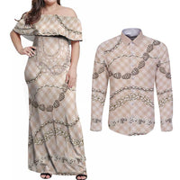 Beige Aloha Hawaii Shell Lei Couples Matching Off Shoulder Maxi Dress and Long Sleeve Button Shirt Palaka Hebrew Cone Honey Cowrie Elegant Curves - Polynesian Pride