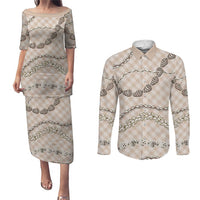 Beige Aloha Hawaii Shell Lei Couples Matching Puletasi and Long Sleeve Button Shirt Palaka Hebrew Cone Honey Cowrie Elegant Curves LT14 Beige - Polynesian Pride