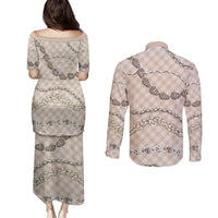 Beige Aloha Hawaii Shell Lei Couples Matching Puletasi and Long Sleeve Button Shirt Palaka Hebrew Cone Honey Cowrie Elegant Curves LT14 - Polynesian Pride