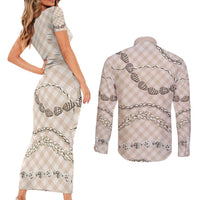 Beige Aloha Hawaii Shell Lei Couples Matching Short Sleeve Bodycon Dress and Long Sleeve Button Shirt Palaka Hebrew Cone Honey Cowrie Elegant Curves - Polynesian Pride