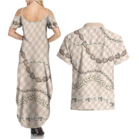Beige Aloha Hawaii Shell Lei Couples Matching Summer Maxi Dress and Hawaiian Shirt Palaka Hebrew Cone Honey Cowrie Elegant Curves - Polynesian Pride