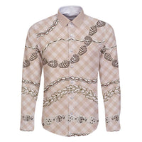 Beige Aloha Hawaii Shell Lei Family Matching Long Sleeve Bodycon Dress and Hawaiian Shirt Palaka Hebrew Cone Honey Cowrie Elegant Curves - Polynesian Pride