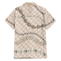 Beige Aloha Hawaii Shell Lei Family Matching Off The Shoulder Long Sleeve Dress and Hawaiian Shirt Palaka Hebrew Cone Honey Cowrie Elegant Curves - Polynesian Pride