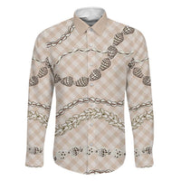Beige Aloha Hawaii Shell Lei Family Matching Off Shoulder Short Dress and Hawaiian Shirt Palaka Hebrew Cone Honey Cowrie Elegant Curves LT14 Dad's Shirt - Long Sleeve Beige - Polynesian Pride