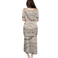 Beige Aloha Hawaii Shell Lei Family Matching Puletasi and Hawaiian Shirt Palaka Hebrew Cone Honey Cowrie Elegant Curves - Polynesian Pride