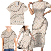 Beige Aloha Hawaii Shell Lei Family Matching Short Sleeve Bodycon Dress and Hawaiian Shirt Palaka Hebrew Cone Honey Cowrie Elegant Curves - Polynesian Pride