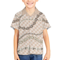 Beige Aloha Hawaii Shell Lei Family Matching Short Sleeve Bodycon Dress and Hawaiian Shirt Palaka Hebrew Cone Honey Cowrie Elegant Curves - Polynesian Pride