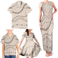 Beige Aloha Hawaii Shell Lei Family Matching Tank Maxi Dress and Hawaiian Shirt Palaka Hebrew Cone Honey Cowrie Elegant Curves - Polynesian Pride