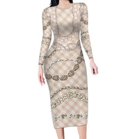 Beige Aloha Hawaii Shell Lei Long Sleeve Bodycon Dress Palaka Hebrew Cone Honey Cowrie Elegant Curves - Polynesian Pride