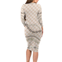 Beige Aloha Hawaii Shell Lei Long Sleeve Bodycon Dress Palaka Hebrew Cone Honey Cowrie Elegant Curves - Polynesian Pride