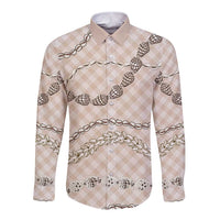 Beige Aloha Hawaii Shell Lei Long Sleeve Button Shirt Palaka Hebrew Cone Honey Cowrie Elegant Curves LT14 Unisex Beige - Polynesian Pride