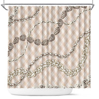 Beige Aloha Hawaii Shell Lei Shower Curtain Palaka Hebrew Cone Honey Cowrie Elegant Curves - Polynesian Pride