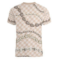 Beige Aloha Hawaii Shell Lei Women V-Neck T-Shirt Palaka Hebrew Cone Honey Cowrie Elegant Curves - Polynesian Pride