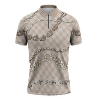 Beige Aloha Hawaii Shell Lei Zipper Polo Shirt Palaka Hebrew Cone Honey Cowrie Elegant Curves LT14 Beige - Polynesian Pride