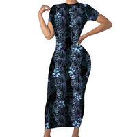 Purple Paradise Hawaii Shell Lei Short Sleeve Bodycon Dress Hawaiian Sunrise Shell Hebrew Cone Plumeria LT14 Long Dress Purple - Polynesian Pride