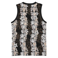 Black and Beige Hawaii Shell Lei Basketball Jersey Hawaiian Sunrise Shell Hebrew Cone Plumeria - Polynesian Pride