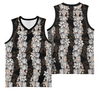 Black and Beige Hawaii Shell Lei Basketball Jersey Hawaiian Sunrise Shell Hebrew Cone Plumeria - Polynesian Pride